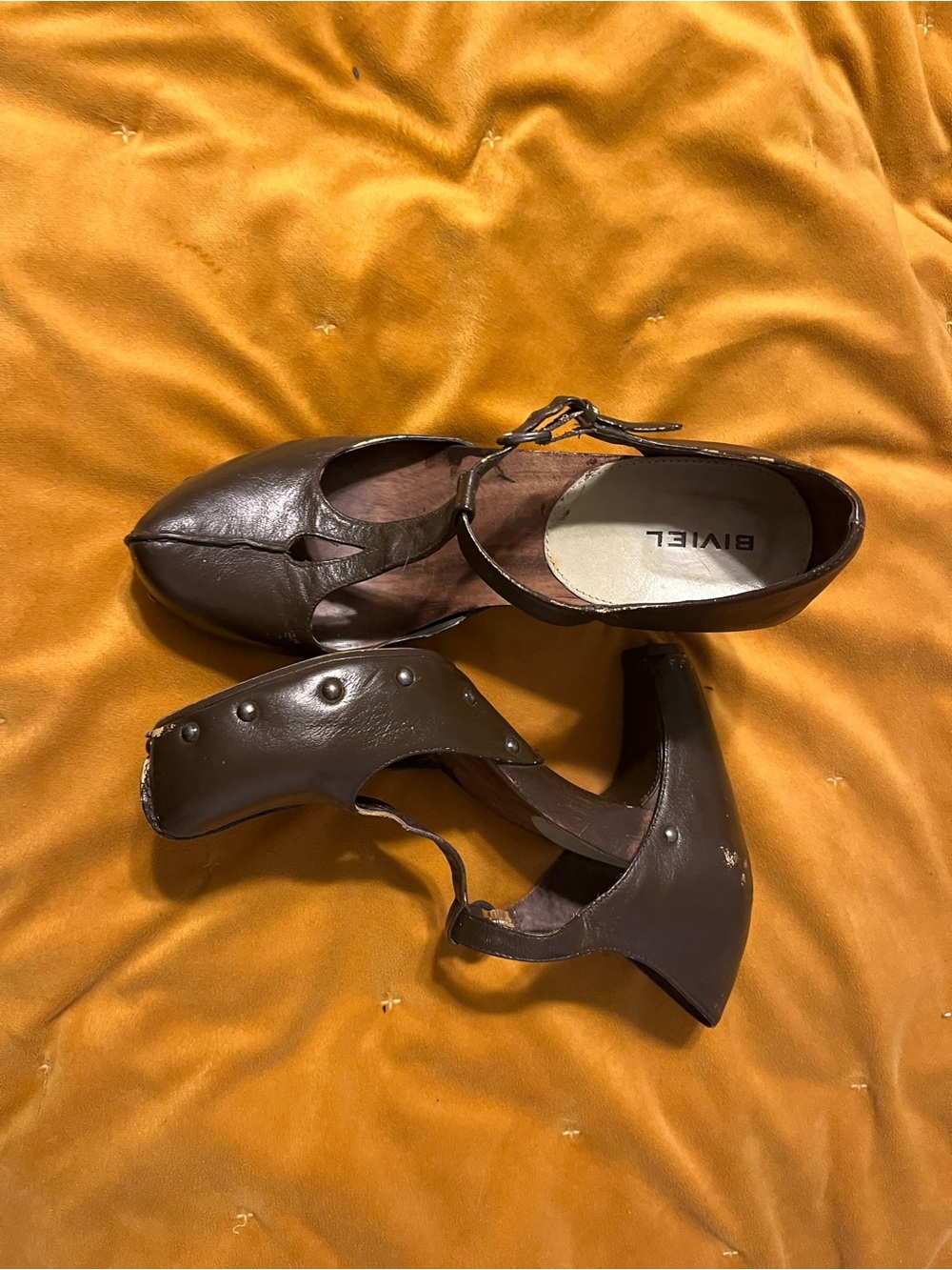 BIVIEL Womens Brown Platform T-Strap Heels